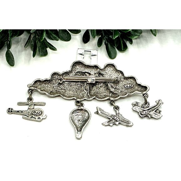 Aviation-Themed Pewter Brooch With Cloud and Aircraft Charms - Picture 2 of 3